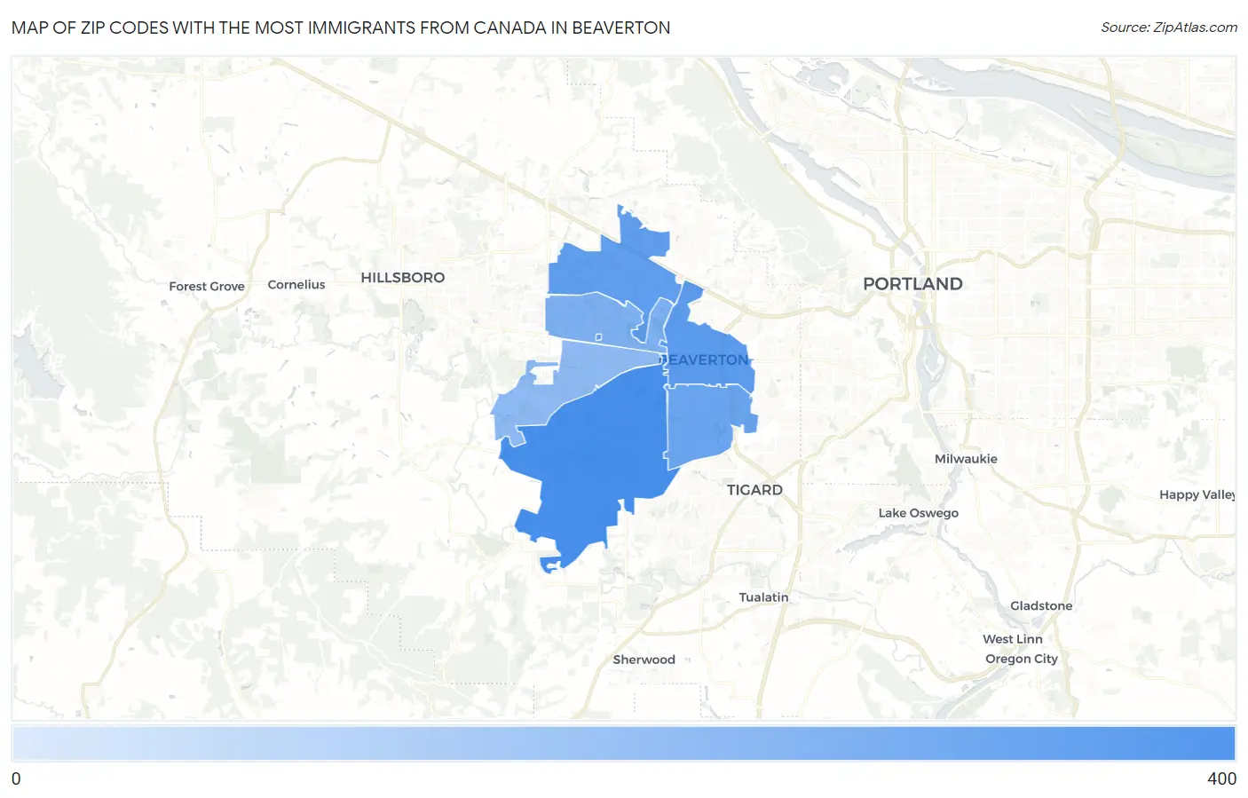 Zip Codes with the Most Immigrants from Canada in Beaverton Map