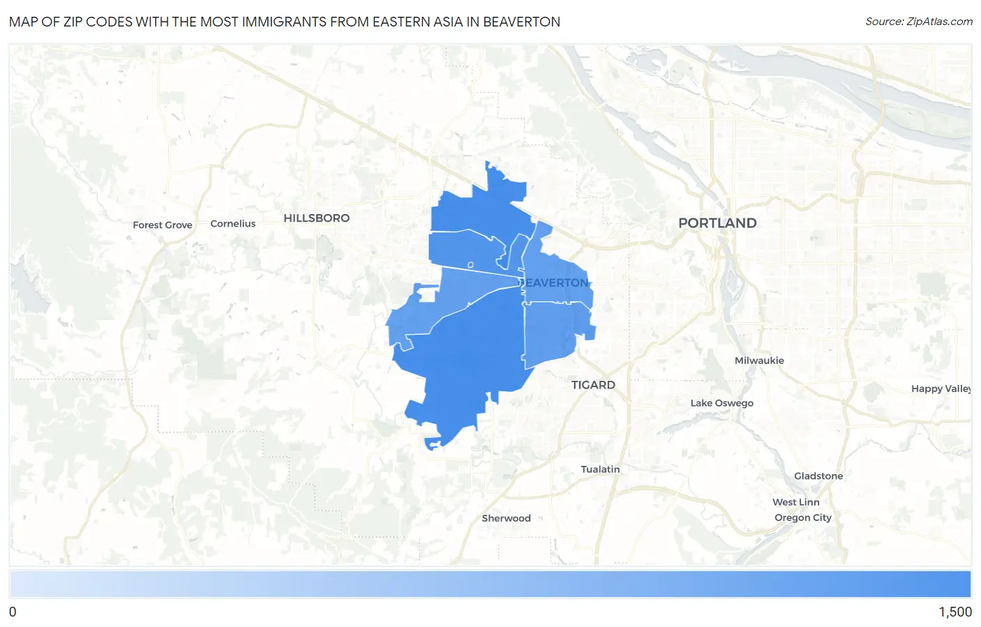 Zip Codes with the Most Immigrants from Eastern Asia in Beaverton Map