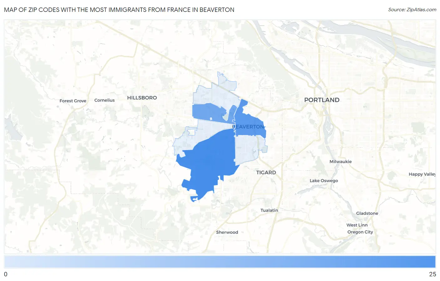 Zip Codes with the Most Immigrants from France in Beaverton Map
