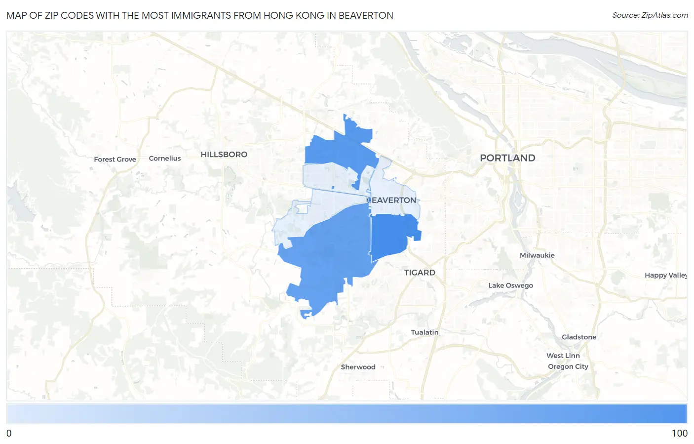 Zip Codes with the Most Immigrants from Hong Kong in Beaverton Map