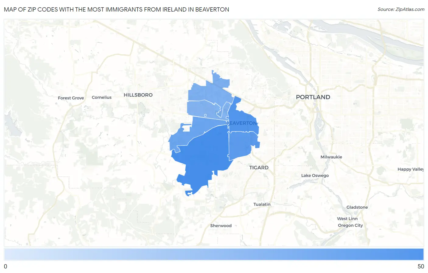 Zip Codes with the Most Immigrants from Ireland in Beaverton Map