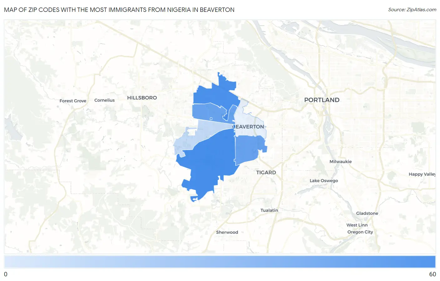 Zip Codes with the Most Immigrants from Nigeria in Beaverton Map