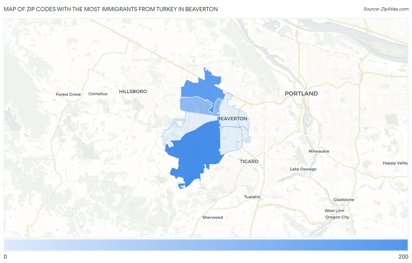 Zip Codes with the Most Immigrants from Turkey in Beaverton Map