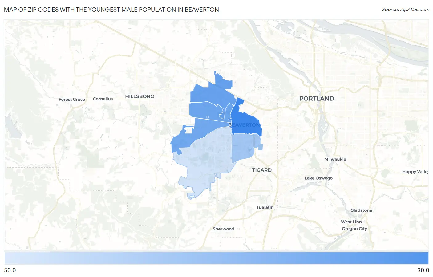 Zip Codes with the Youngest Male Population in Beaverton Map