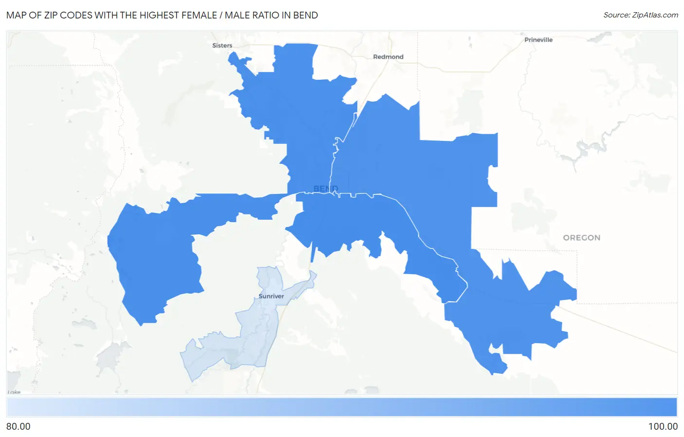 Zip Codes with the Highest Female / Male Ratio in Bend Map