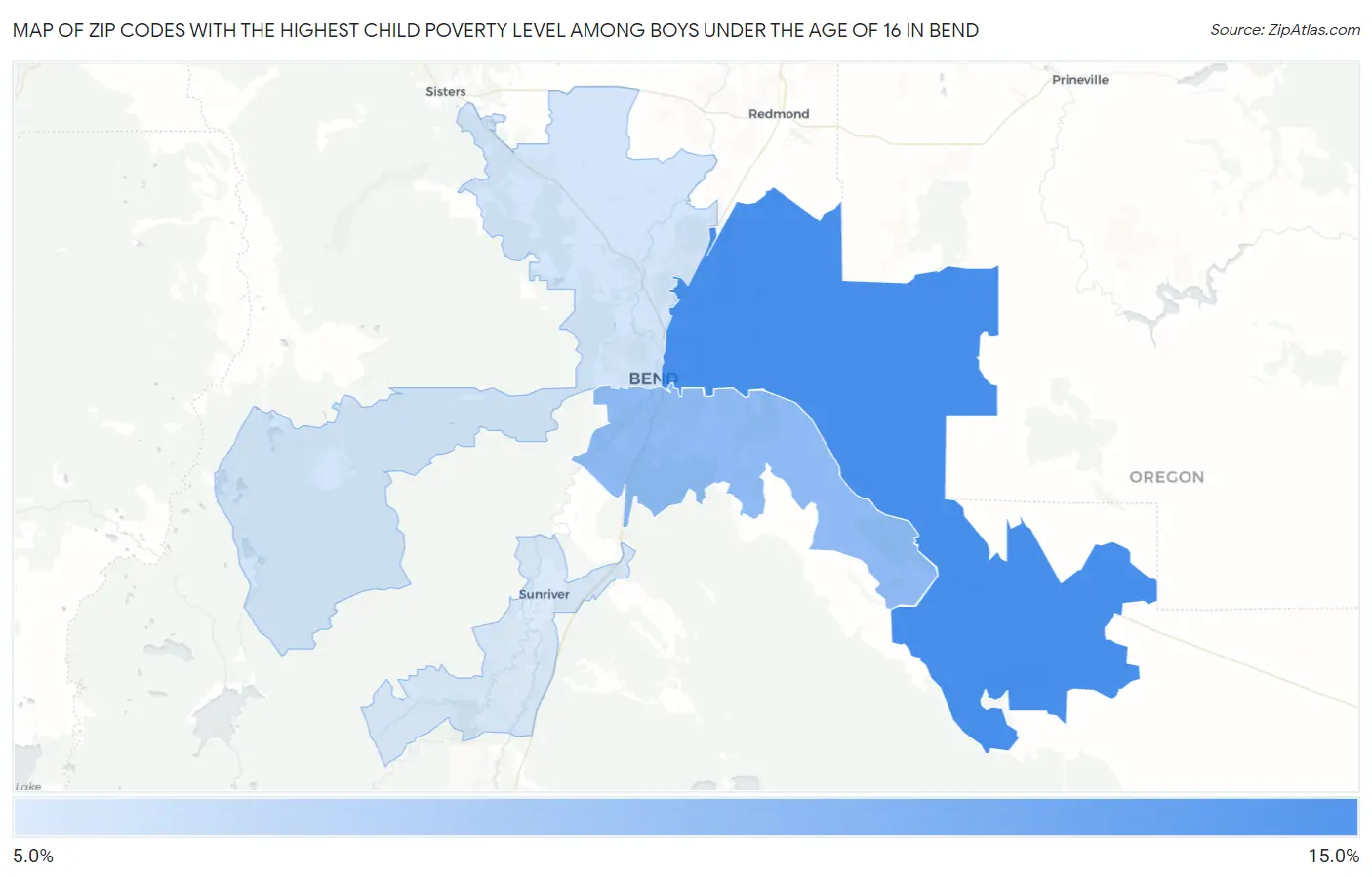 Zip Codes with the Highest Child Poverty Level Among Boys Under the Age of 16 in Bend Map