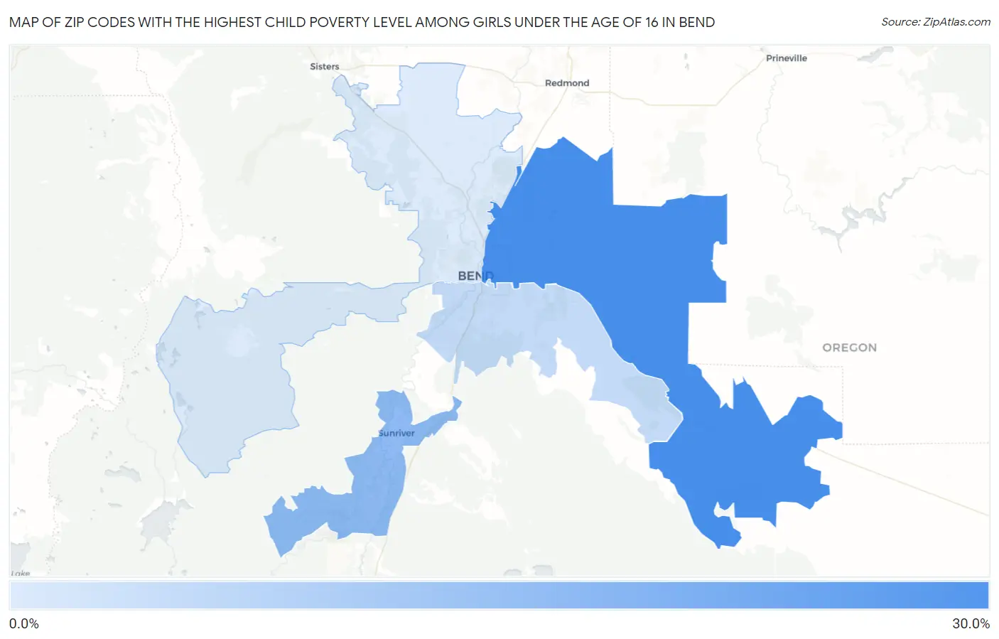 Zip Codes with the Highest Child Poverty Level Among Girls Under the Age of 16 in Bend Map
