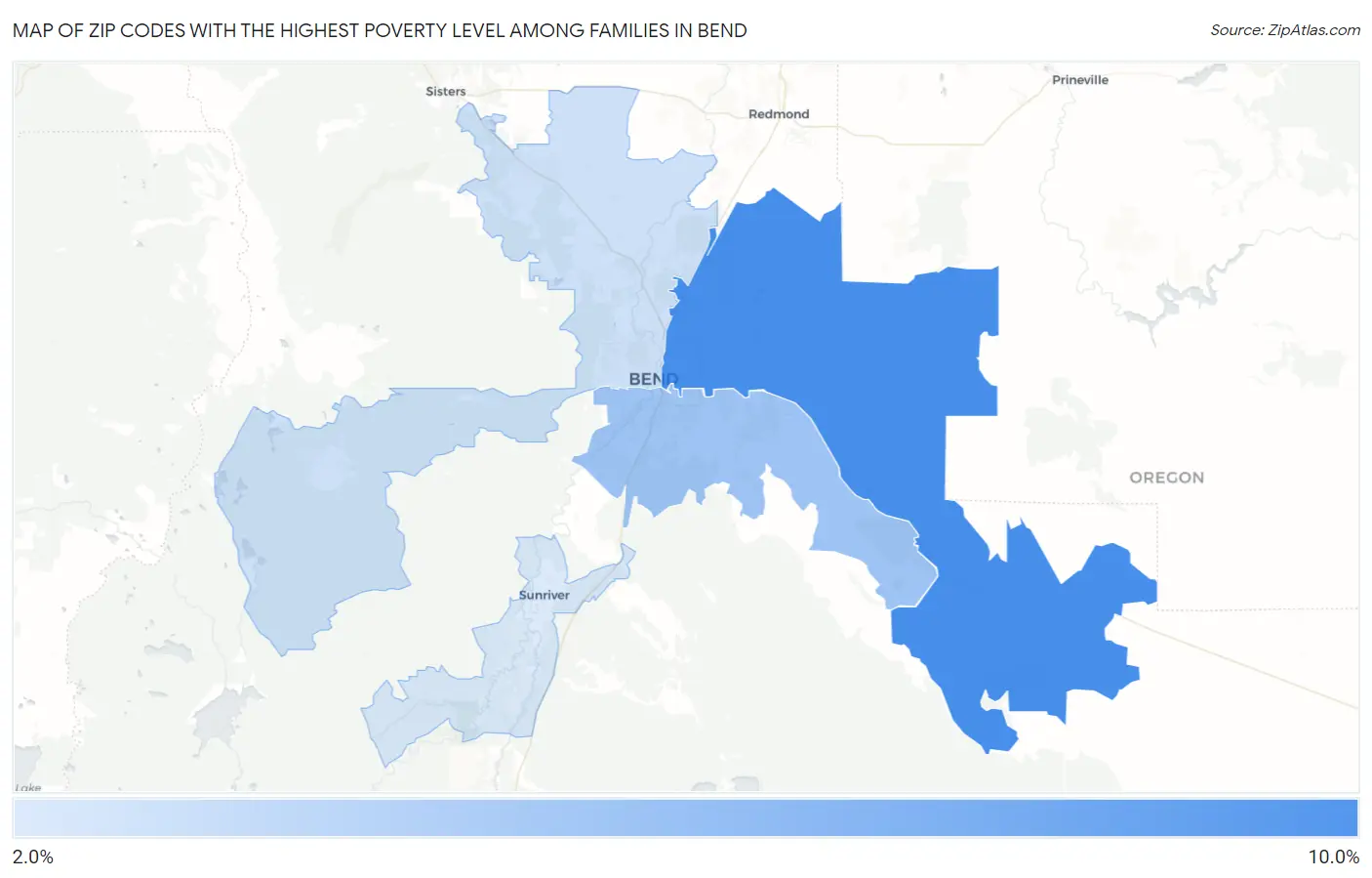 Zip Codes with the Highest Poverty Level Among Families in Bend Map