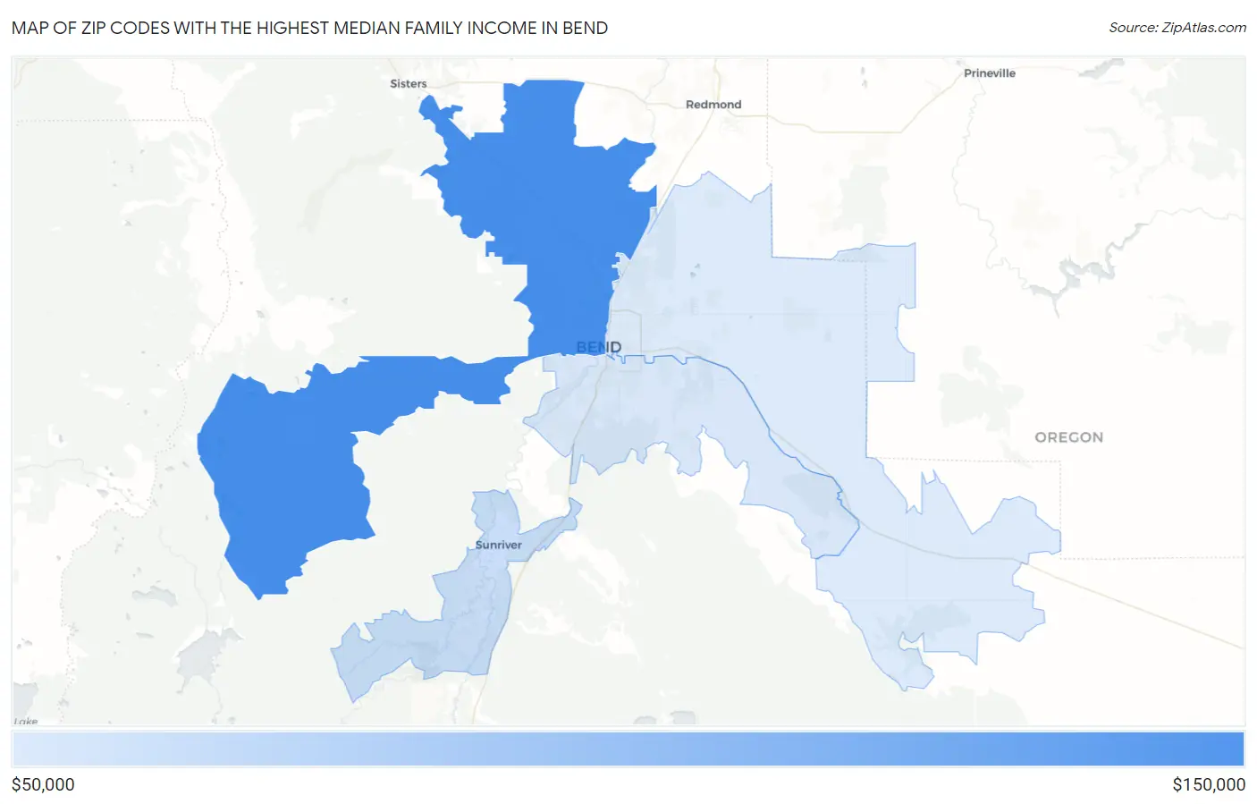 Zip Codes with the Highest Median Family Income in Bend Map