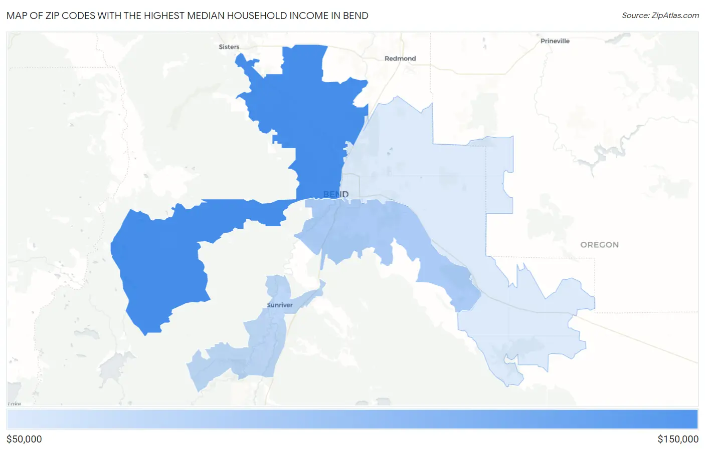 Zip Codes with the Highest Median Household Income in Bend Map