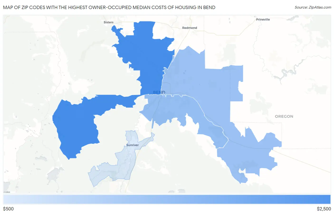 Zip Codes with the Highest Owner-Occupied Median Costs of Housing in Bend Map