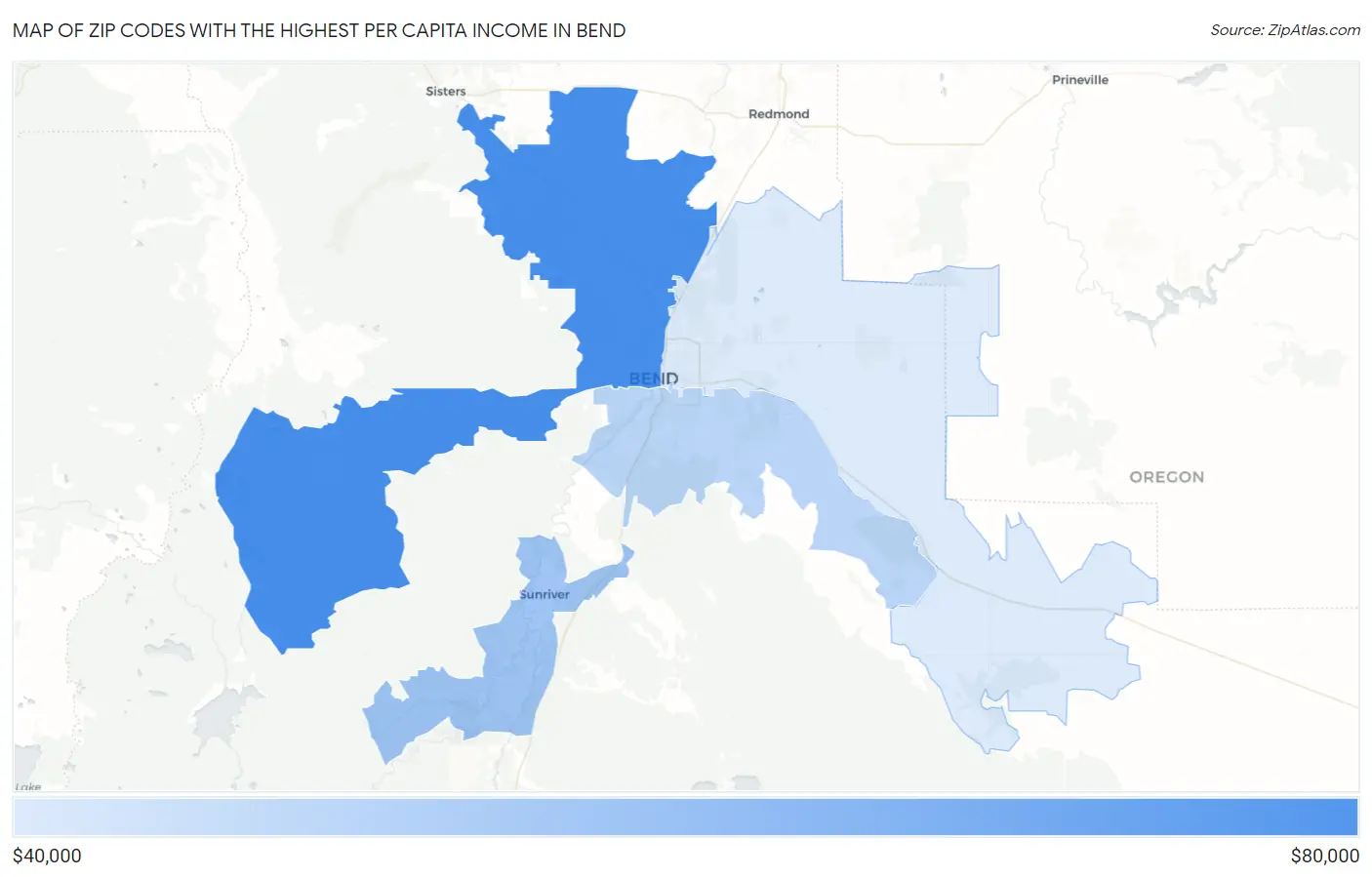 Zip Codes with the Highest Per Capita Income in Bend Map
