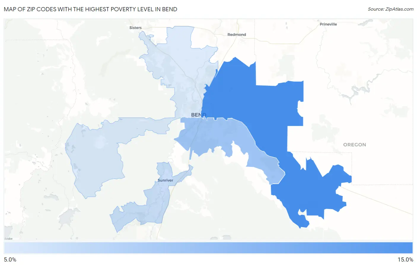 Zip Codes with the Highest Poverty Level in Bend Map