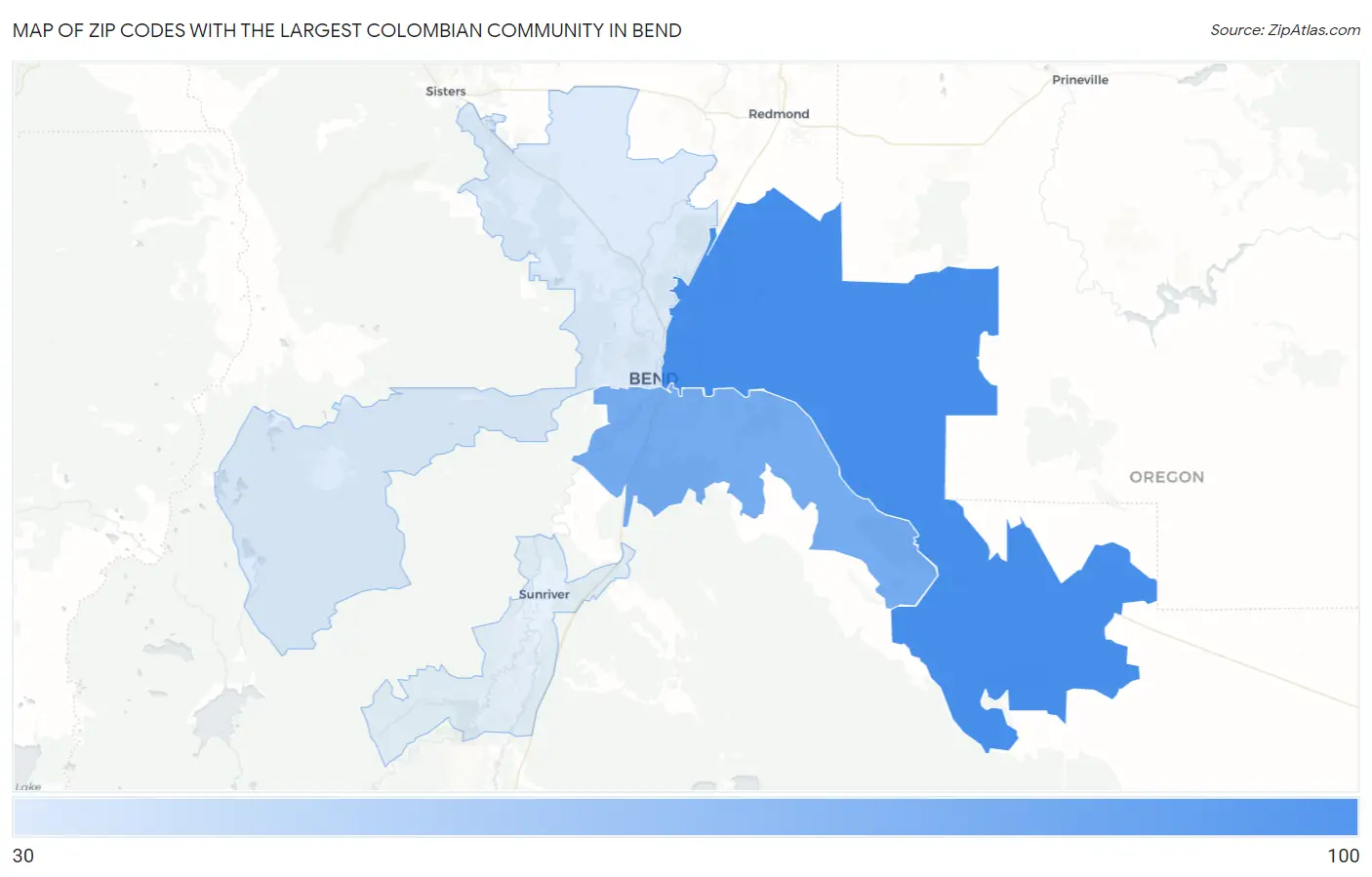 Zip Codes with the Largest Colombian Community in Bend Map