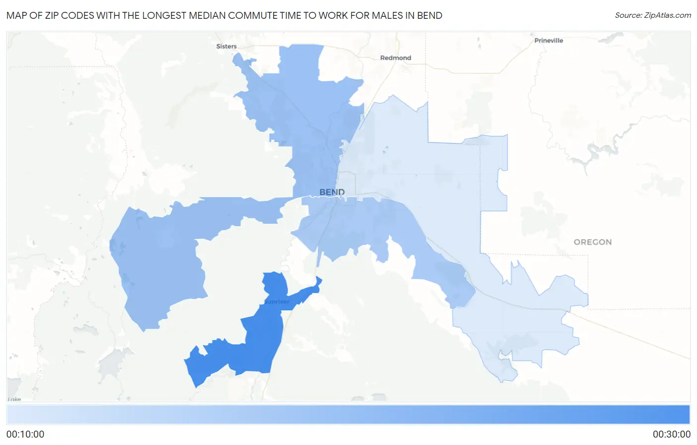 Zip Codes with the Longest Median Commute Time to Work for Males in Bend Map
