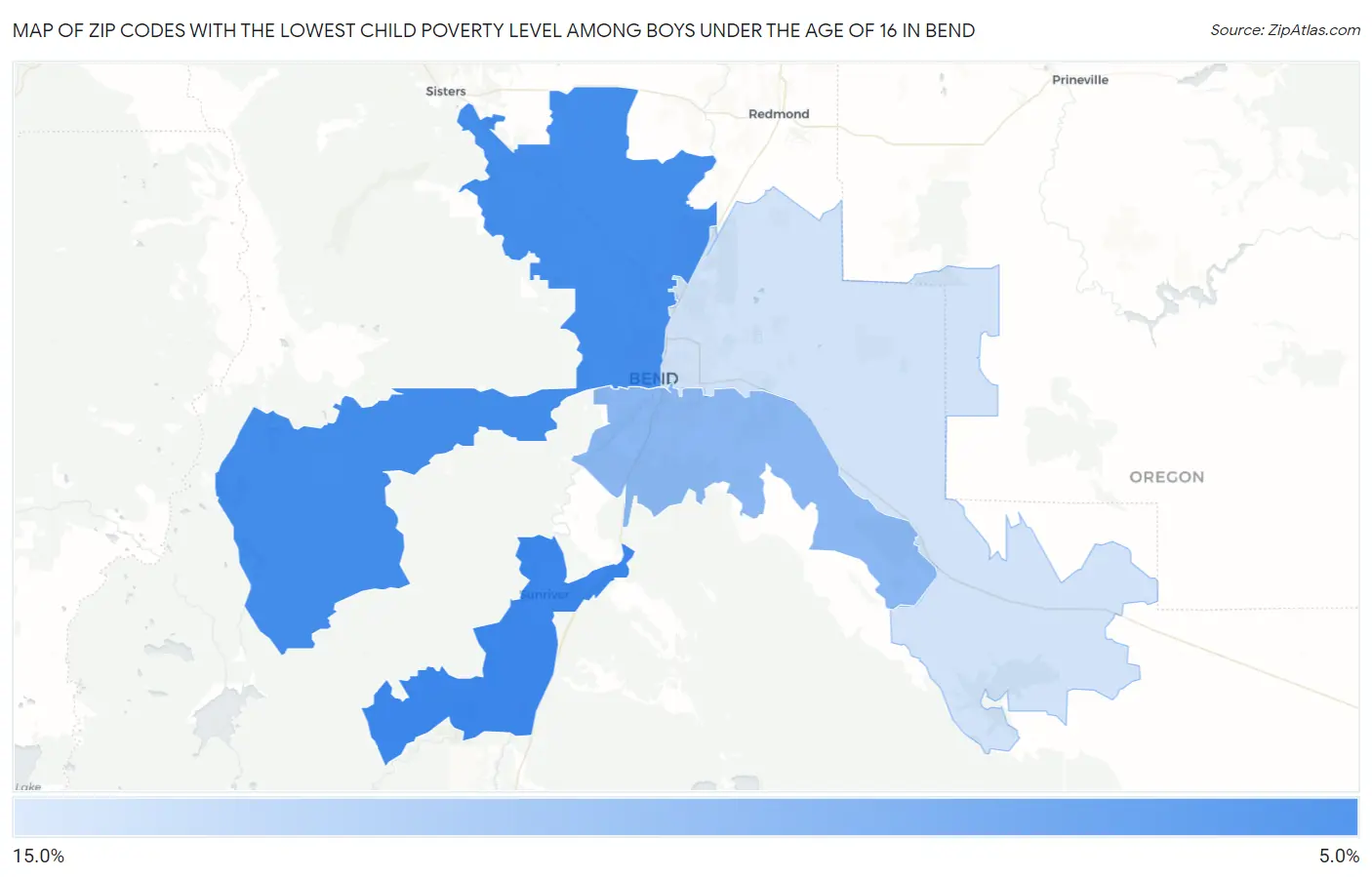 Zip Codes with the Lowest Child Poverty Level Among Boys Under the Age of 16 in Bend Map