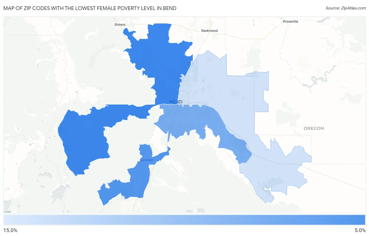 Zip Codes with the Lowest Female Poverty Level in Bend Map