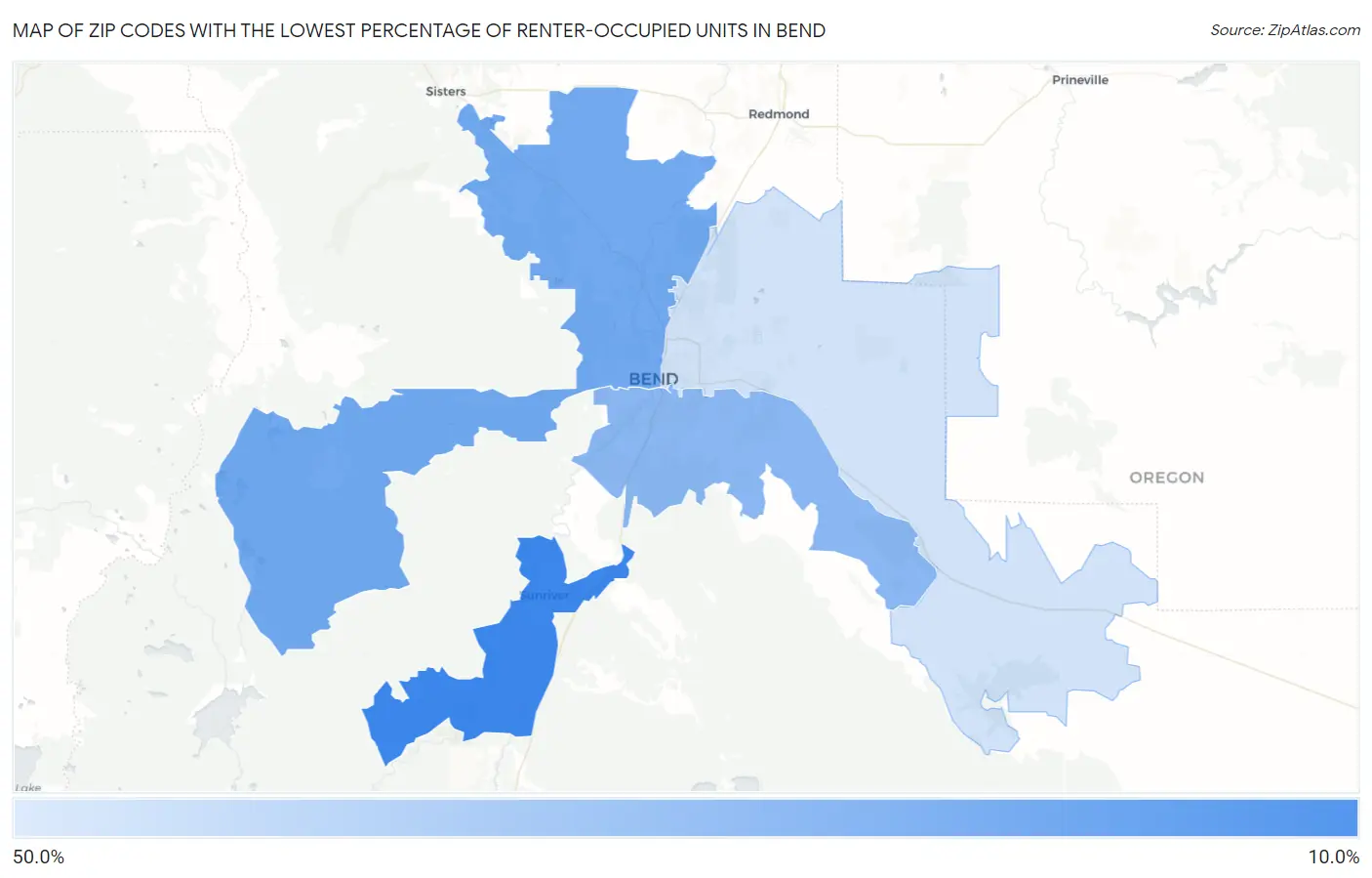 Zip Codes with the Lowest Percentage of Renter-Occupied Units in Bend Map