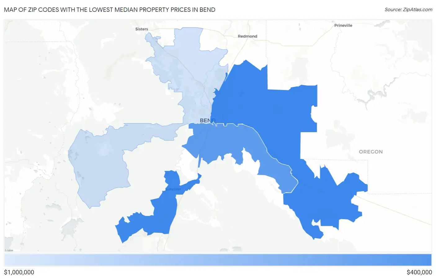 Zip Codes with the Lowest Median Property Prices in Bend Map