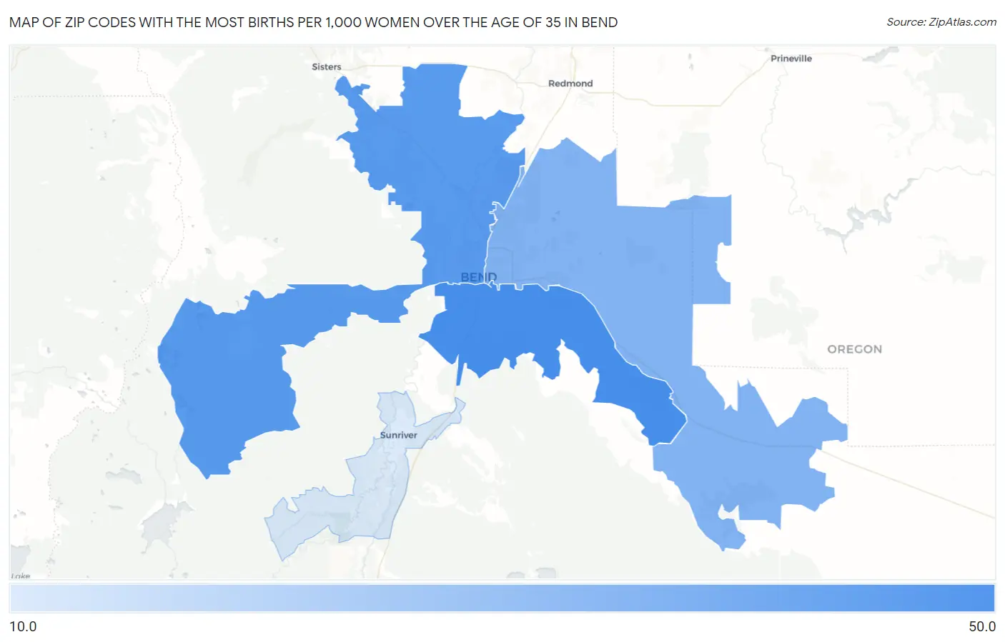 Zip Codes with the Most Births per 1,000 Women Over the Age of 35 in Bend Map