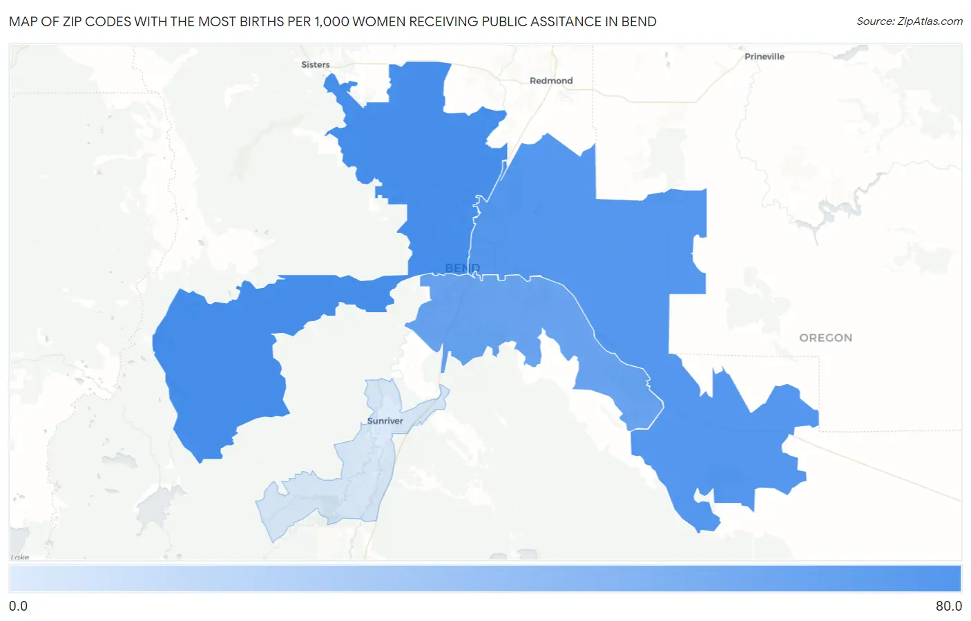 Zip Codes with the Most Births per 1,000 Women Receiving Public Assitance in Bend Map