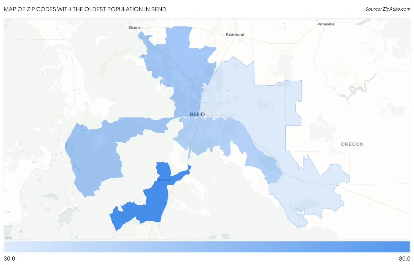 Zip Codes with the Oldest Population in Bend Map