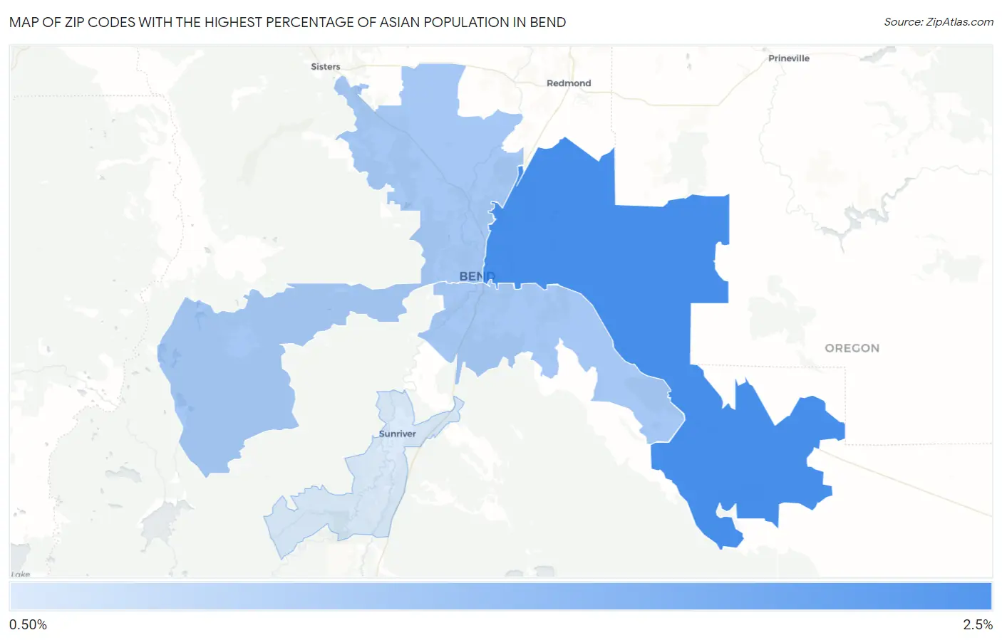 Zip Codes with the Highest Percentage of Asian Population in Bend Map