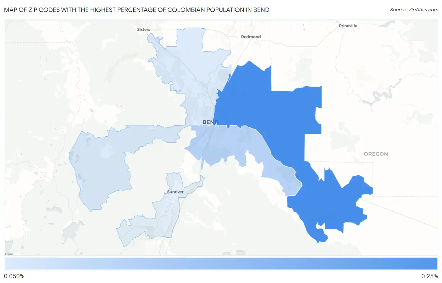 Zip Codes with the Highest Percentage of Colombian Population in Bend Map