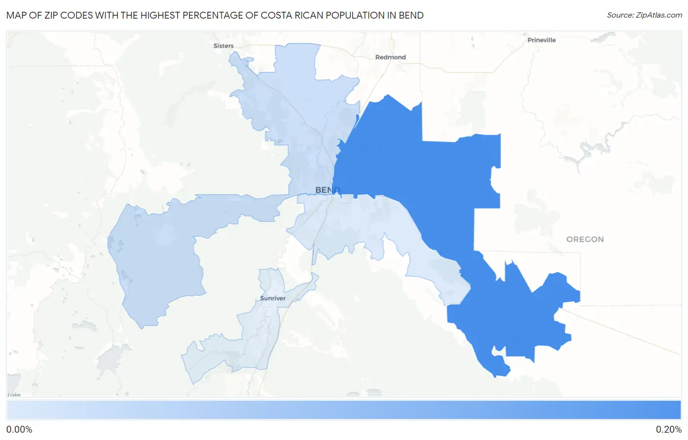 Zip Codes with the Highest Percentage of Costa Rican Population in Bend Map