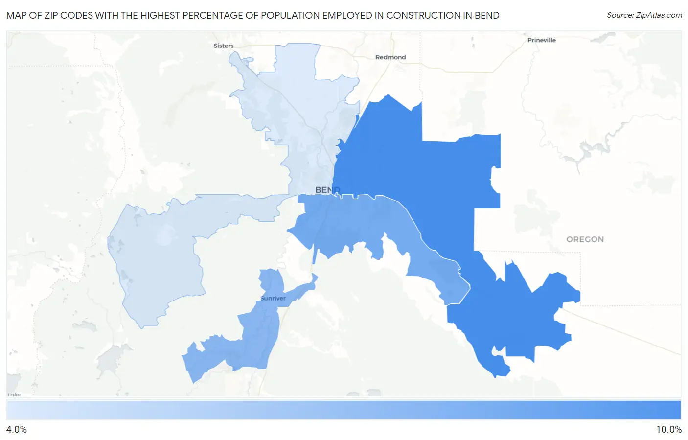 Zip Codes with the Highest Percentage of Population Employed in Construction in Bend Map