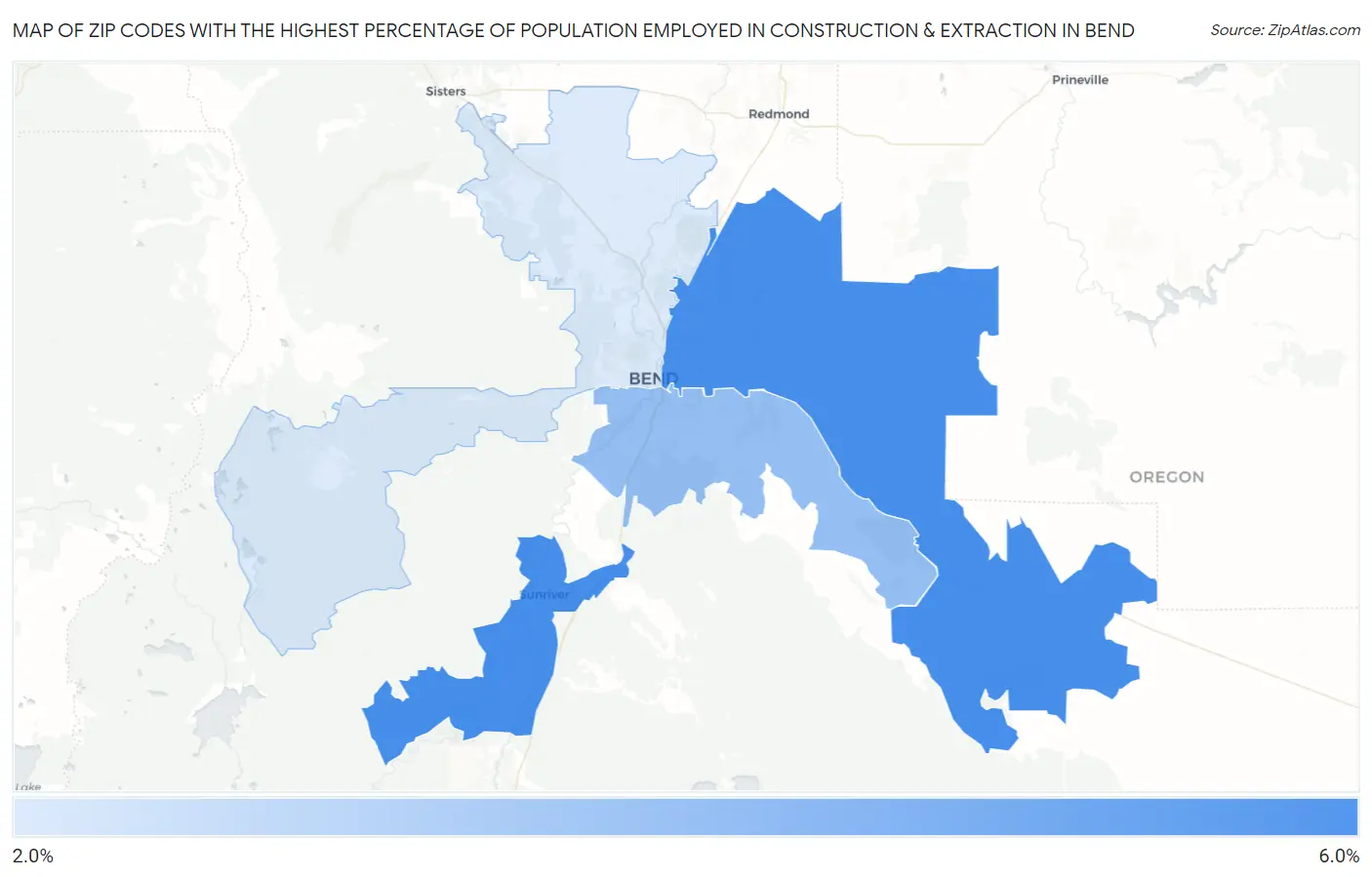 Zip Codes with the Highest Percentage of Population Employed in Construction & Extraction in Bend Map
