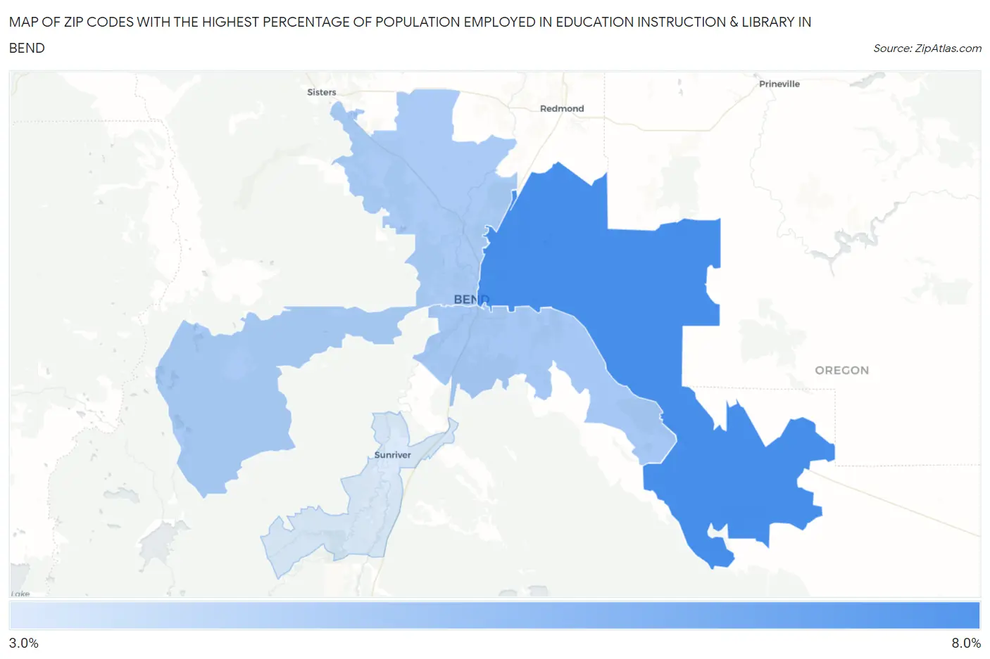 Zip Codes with the Highest Percentage of Population Employed in Education Instruction & Library in Bend Map