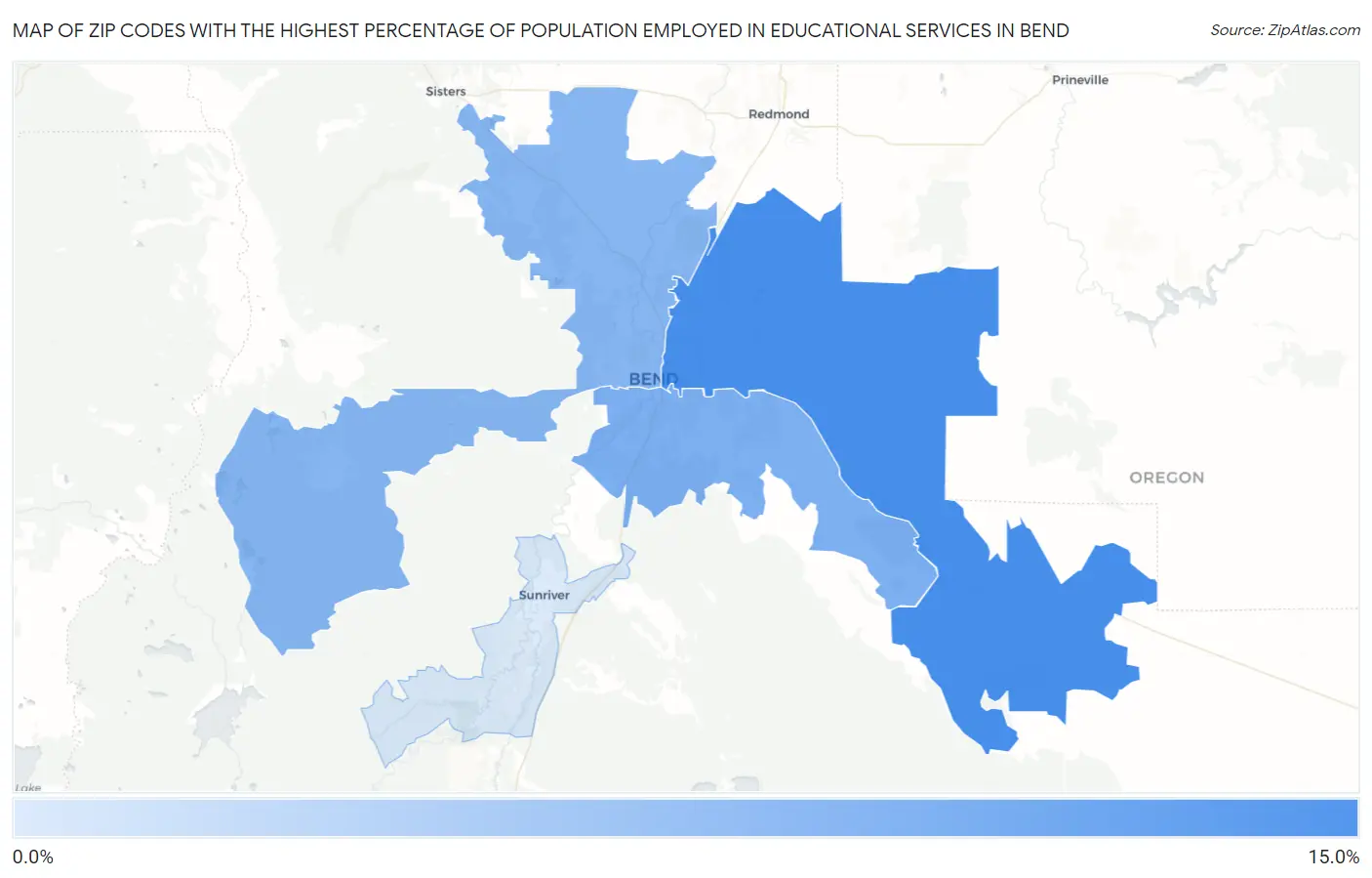Zip Codes with the Highest Percentage of Population Employed in Educational Services in Bend Map