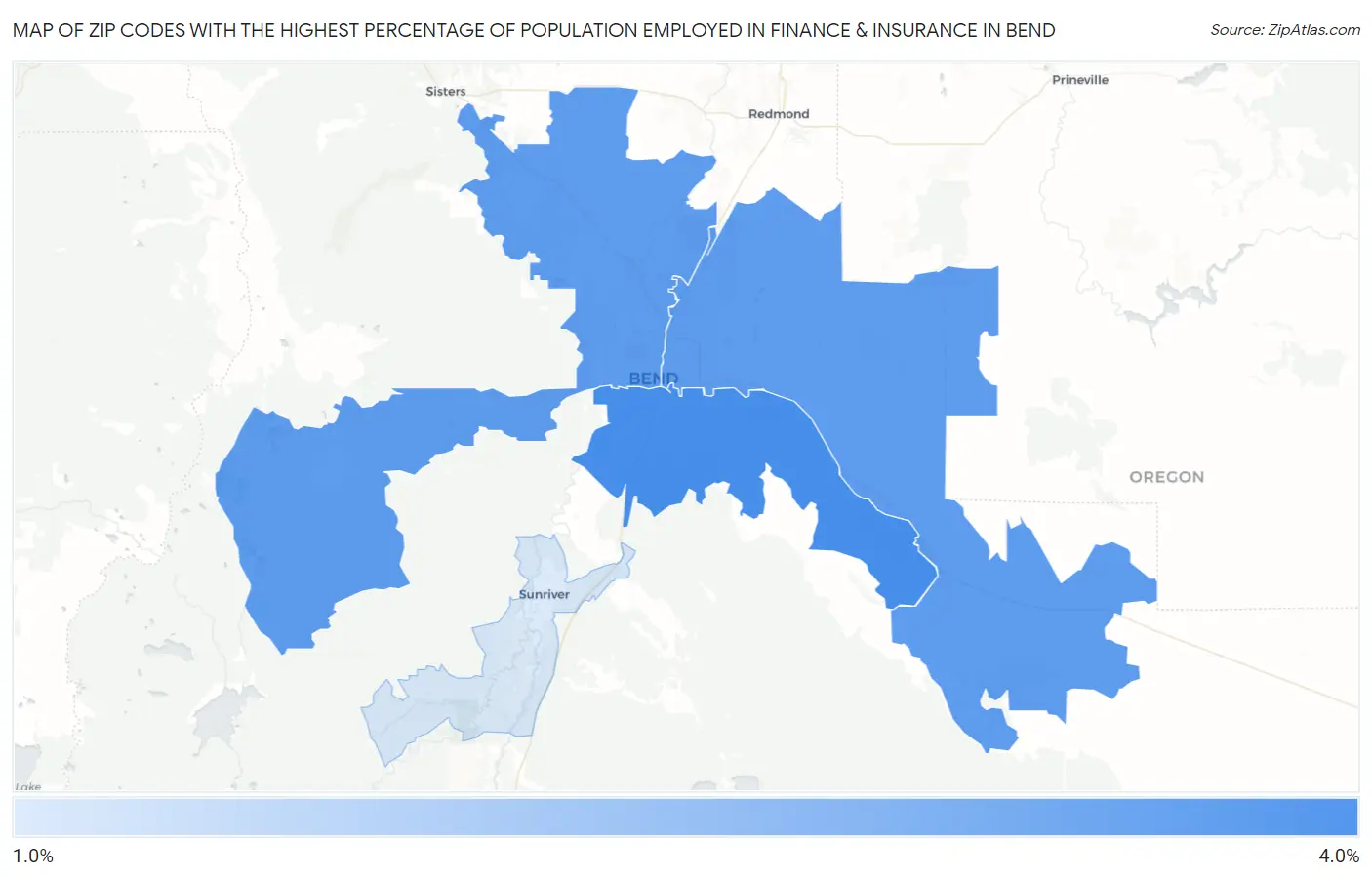 Zip Codes with the Highest Percentage of Population Employed in Finance & Insurance in Bend Map