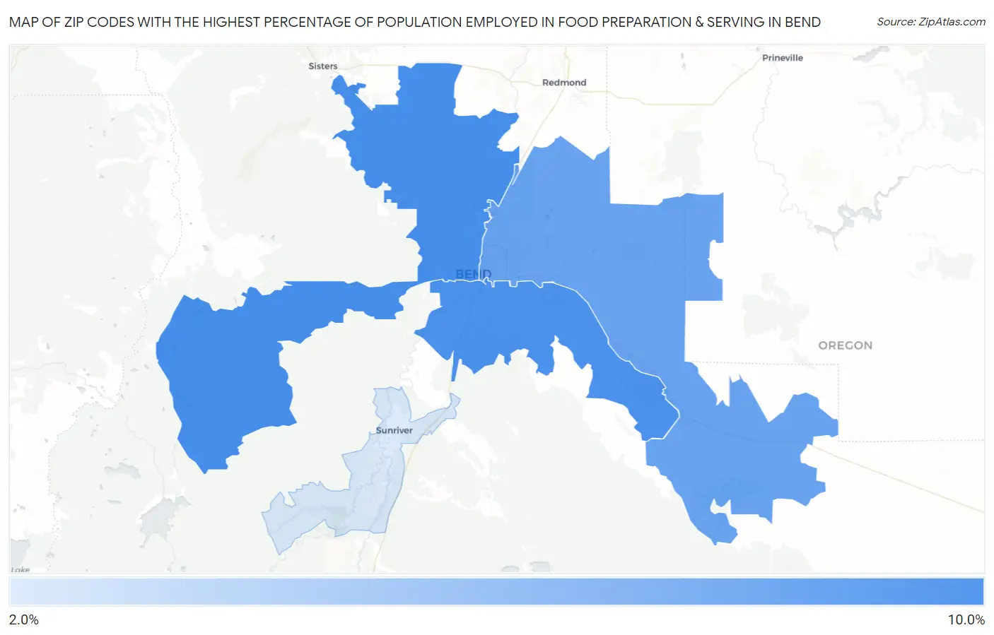 Zip Codes with the Highest Percentage of Population Employed in Food Preparation & Serving in Bend Map