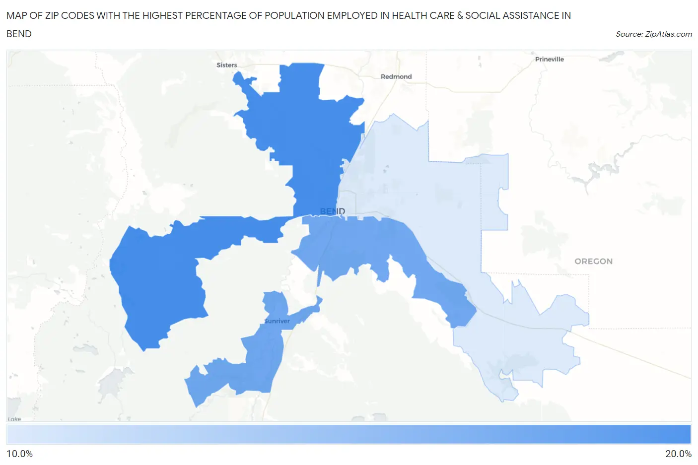 Zip Codes with the Highest Percentage of Population Employed in Health Care & Social Assistance in Bend Map