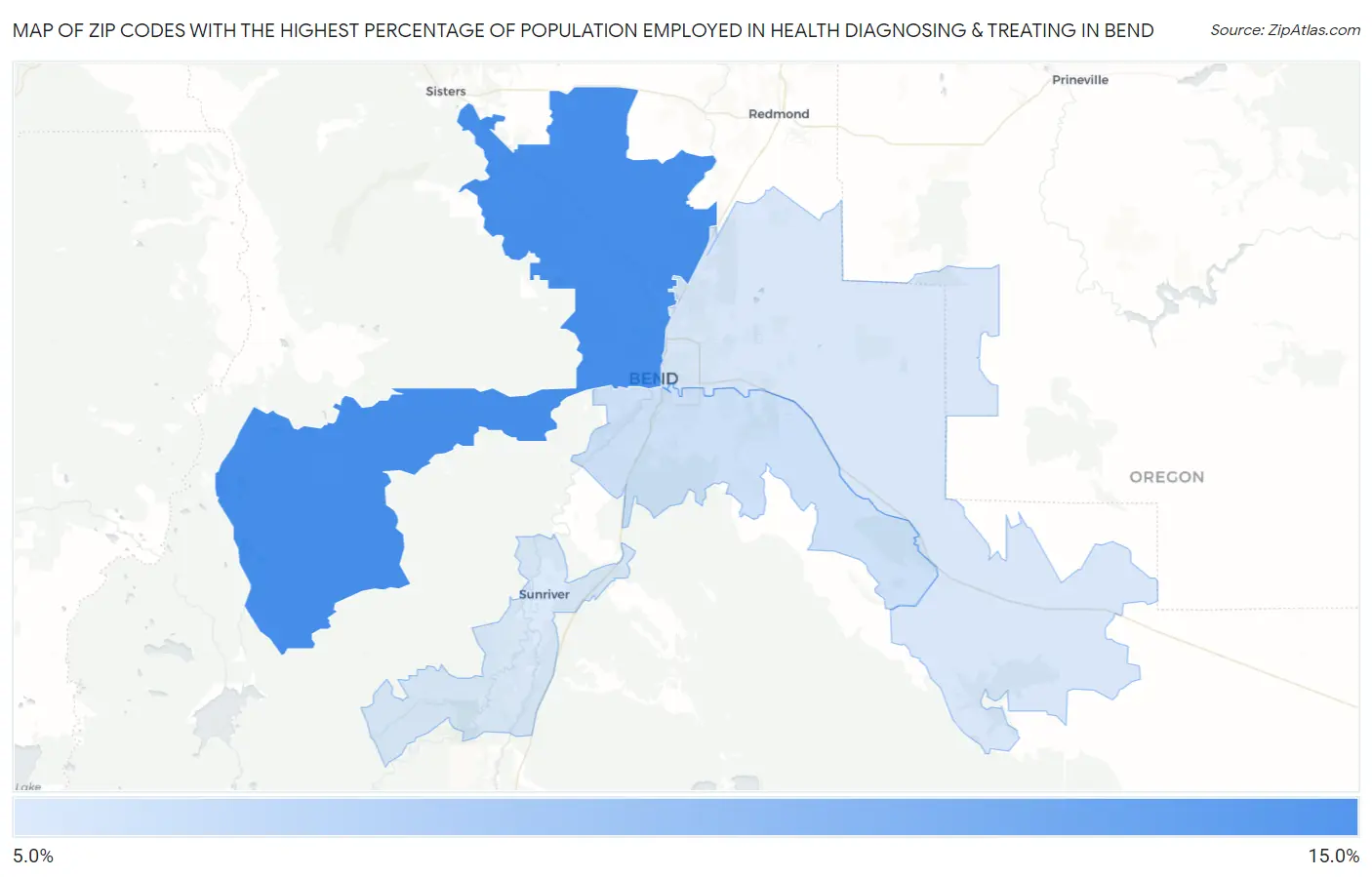 Zip Codes with the Highest Percentage of Population Employed in Health Diagnosing & Treating in Bend Map
