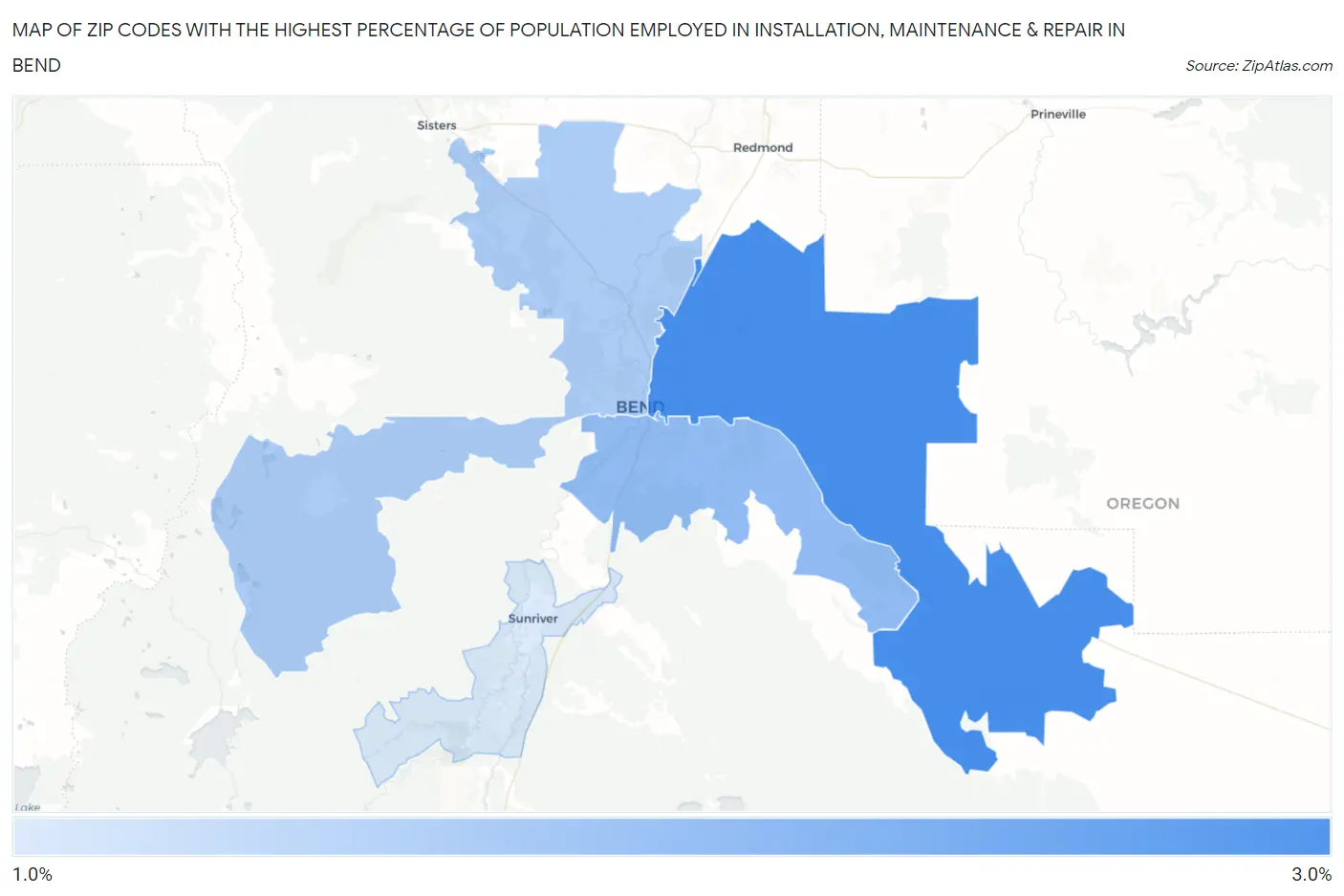 Zip Codes with the Highest Percentage of Population Employed in Installation, Maintenance & Repair in Bend Map