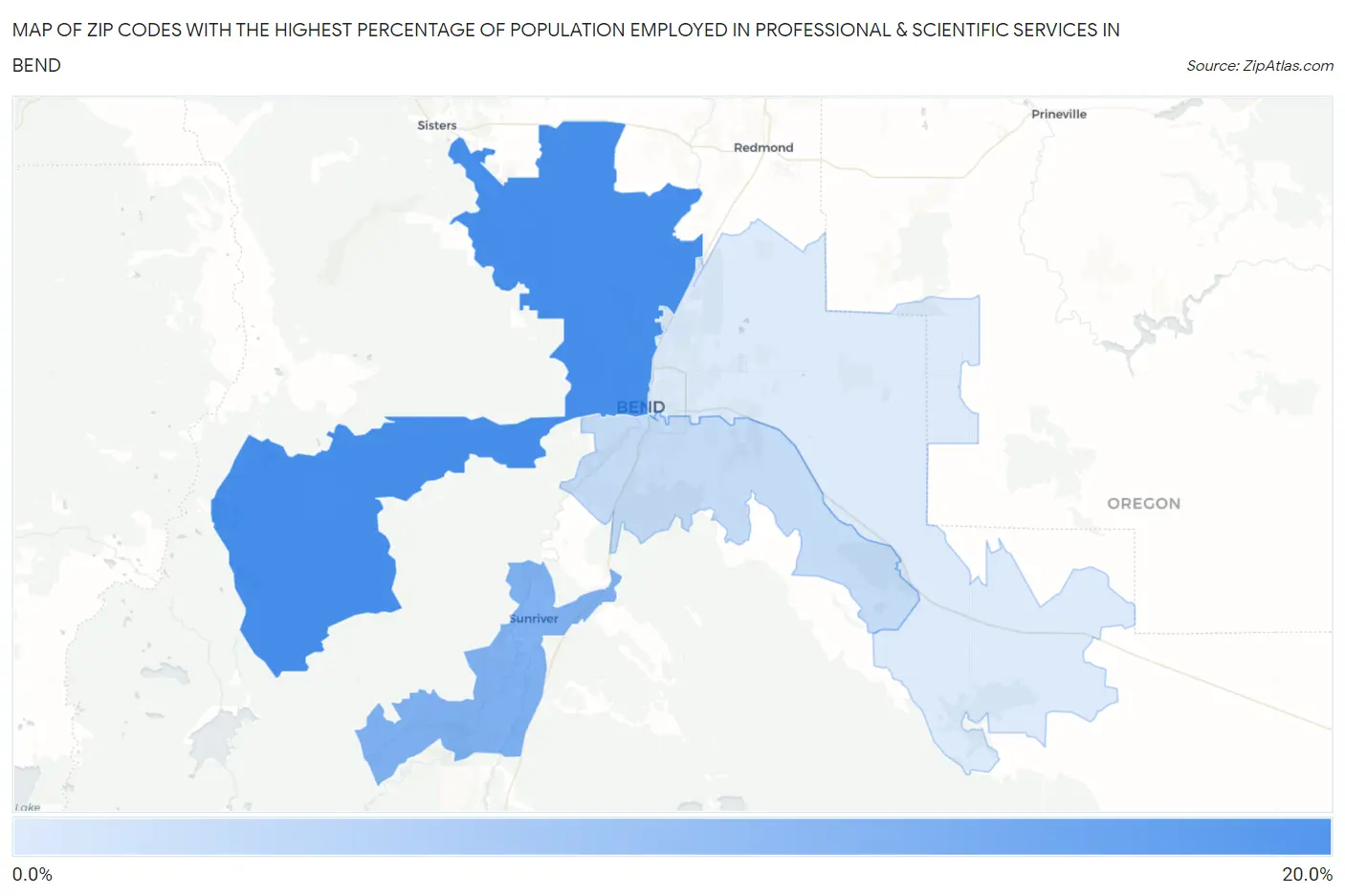 Zip Codes with the Highest Percentage of Population Employed in Professional & Scientific Services in Bend Map