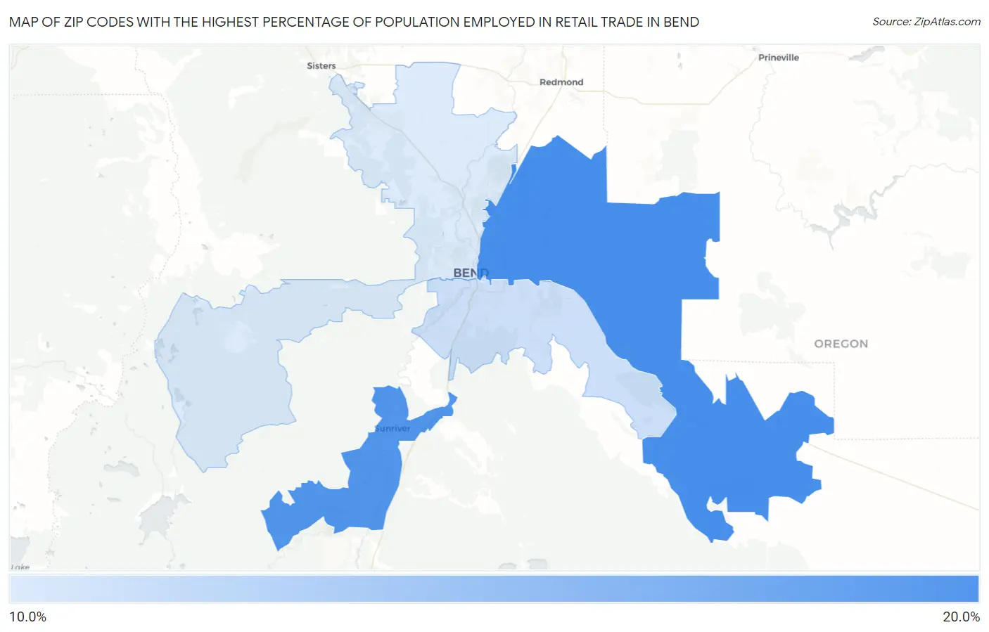 Zip Codes with the Highest Percentage of Population Employed in Retail Trade in Bend Map