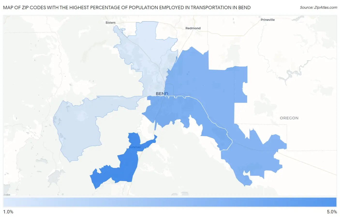 Zip Codes with the Highest Percentage of Population Employed in Transportation in Bend Map