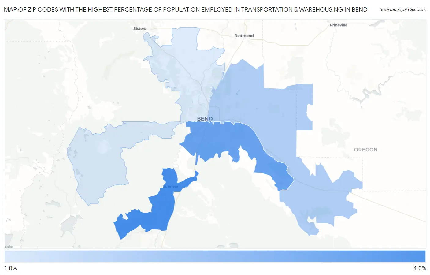Zip Codes with the Highest Percentage of Population Employed in Transportation & Warehousing in Bend Map