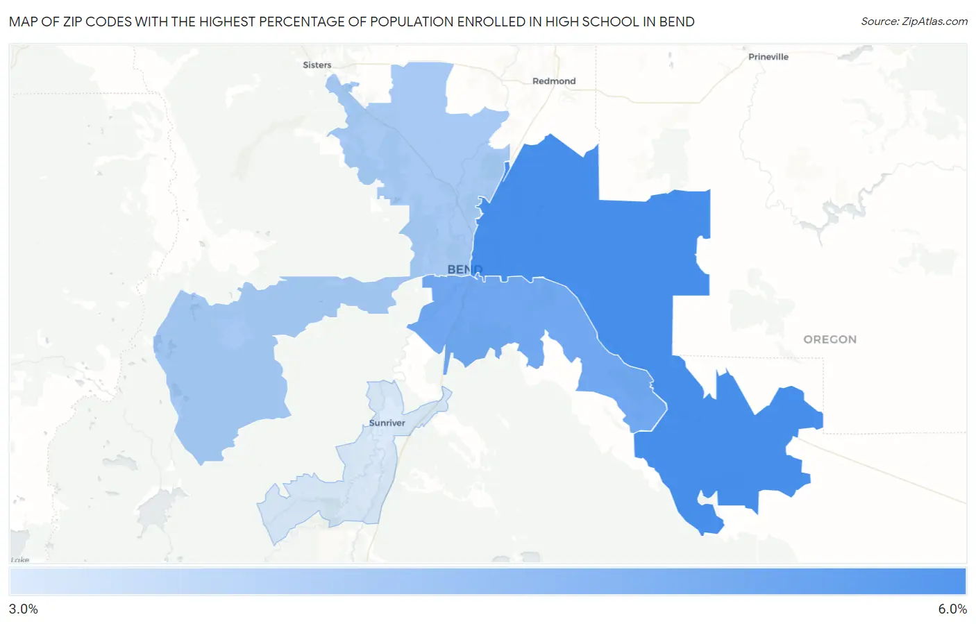 Zip Codes with the Highest Percentage of Population Enrolled in High School in Bend Map