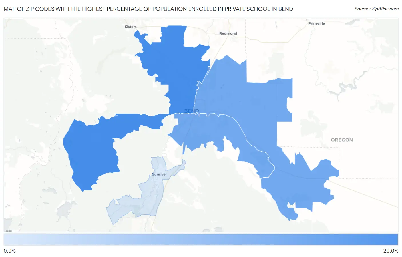 Zip Codes with the Highest Percentage of Population Enrolled in Private School in Bend Map