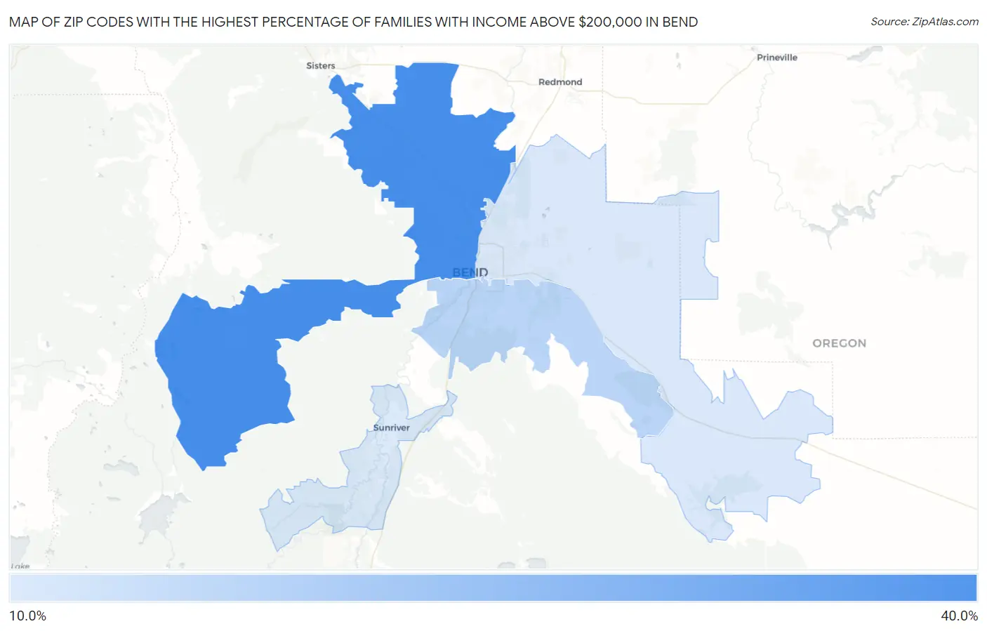 Zip Codes with the Highest Percentage of Families with Income Above $200,000 in Bend Map