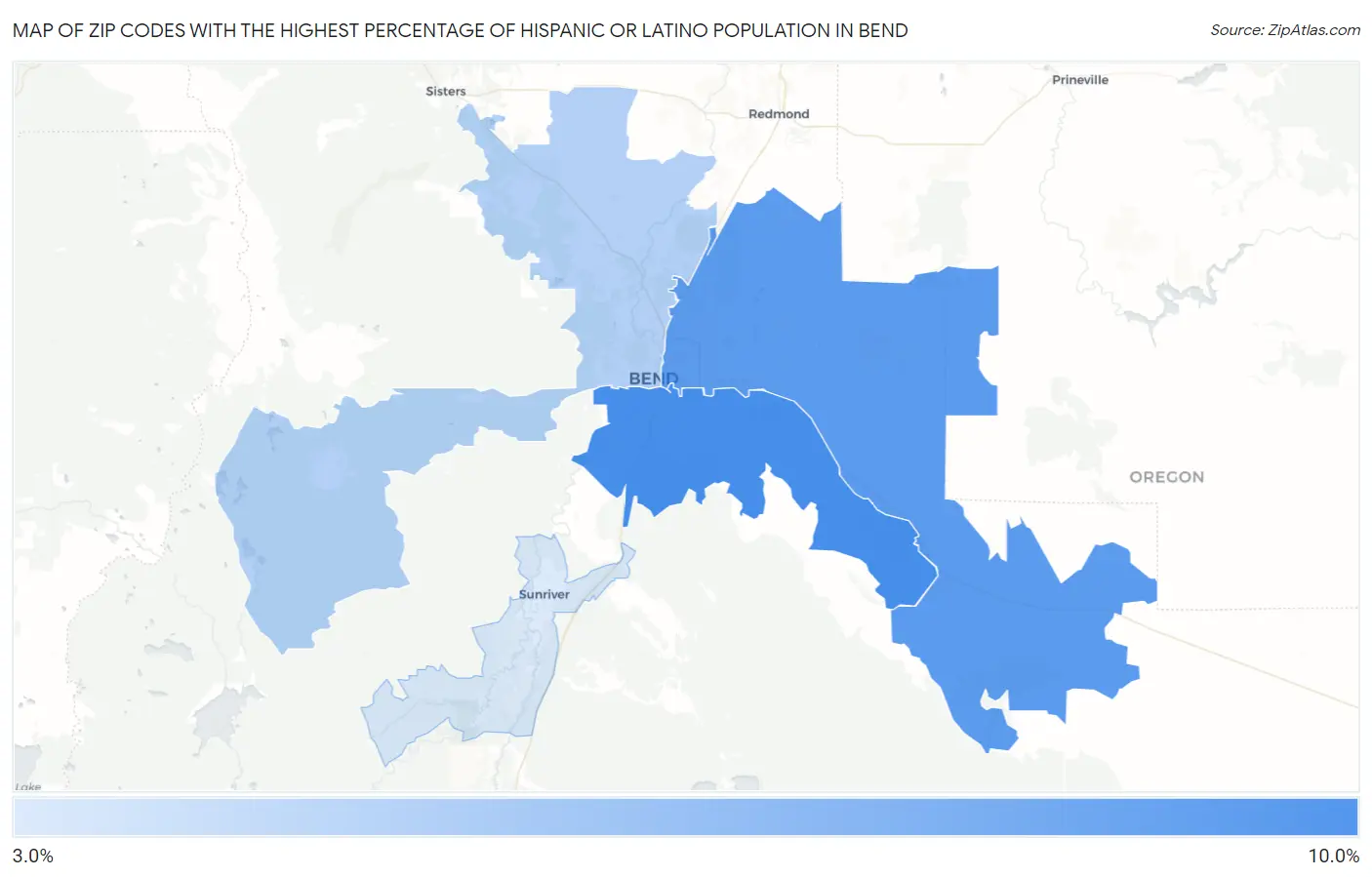 Zip Codes with the Highest Percentage of Hispanic or Latino Population in Bend Map