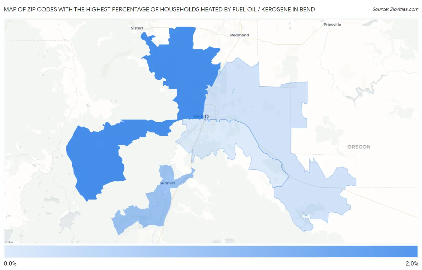 Zip Codes with the Highest Percentage of Households Heated by Fuel Oil / Kerosene in Bend Map