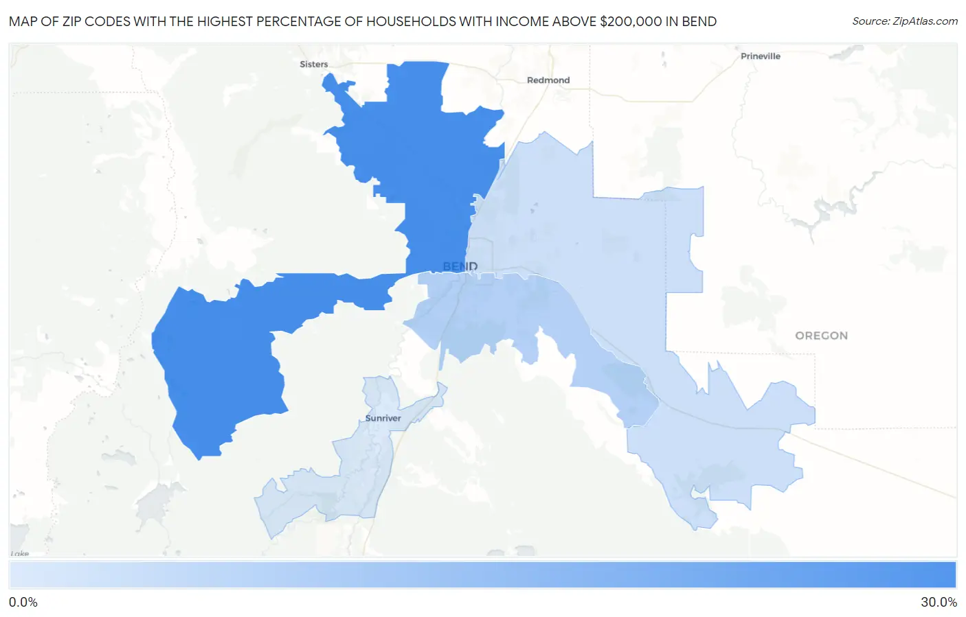 Zip Codes with the Highest Percentage of Households with Income Above $200,000 in Bend Map