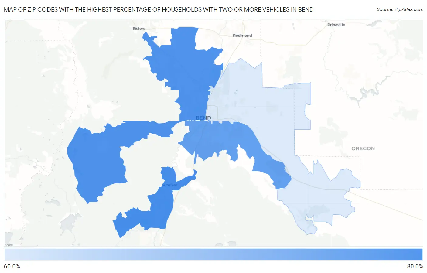 Zip Codes with the Highest Percentage of Households With Two or more Vehicles in Bend Map
