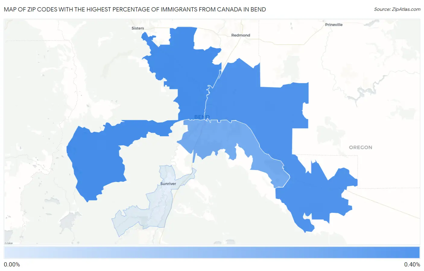 Zip Codes with the Highest Percentage of Immigrants from Canada in Bend Map